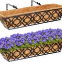 HFHOME 24 Inch Window Deck with Coco Liner, 24" Window Boxes Horse Trough with Coconut Coir Liner, Black Metal Hanging Flower Planter Basket Railing Planter for Outdoor Indoor Lawn - 2 Pack
