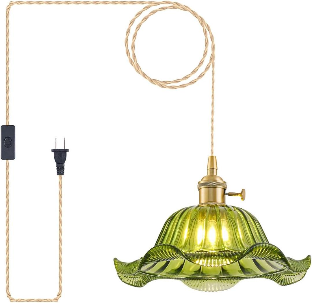 Plug in Pendant Light Vintage, Adjustable Pulley Hanging Lamp with Green Lily Glass Shade, Brass Hanging Lights with Plug in Cord, Gold Hanging Pendant Light for Bedroom Living Room Kitchen