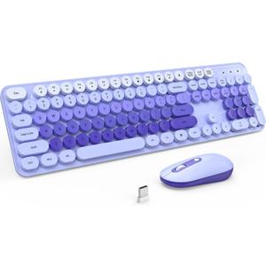 Wireless Keyboard and Mouse, Silent Keyboard Mouse Combo, Full-Sized Colorful Typewriter Keyboard with Round Keycaps, 2.4G Cute Mouse Compatible with PC/Laptop/Computer(Purple)