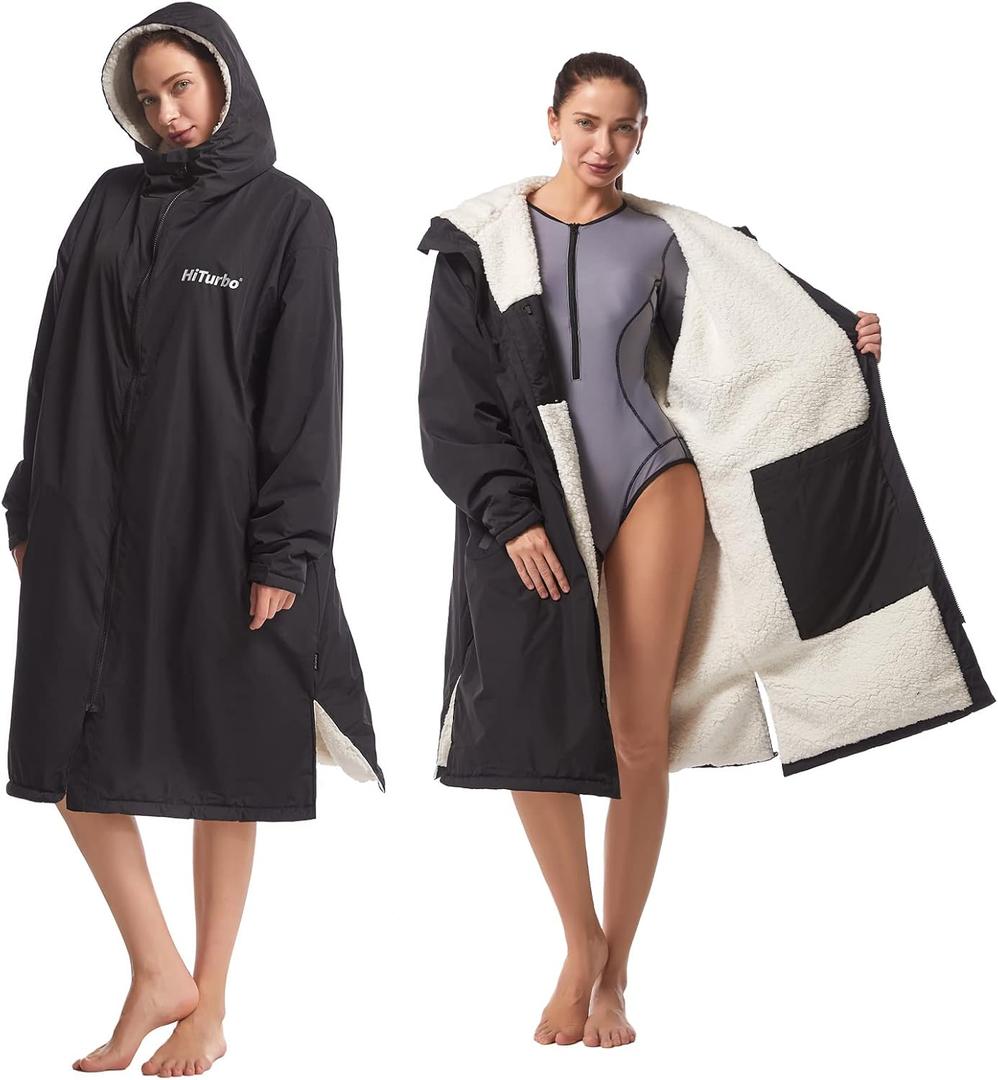 Hiturbo Warm Waterproof Swim Parka: Oversized Hooded Changing Robe - Sherpa Liner Swimming Coat - Recycled Fabric Surf Poncho (Black)
