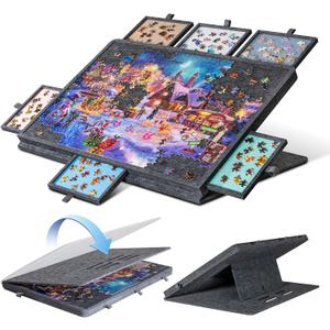 1000 Piece Tilting Jigsaw Puzzle Board with 2-in-1 Stand & Cover, 3 Angle Adjust Puzzle Table with 6 Colorful Drawers, Lightweight Jigsaw Game Boards for Adults