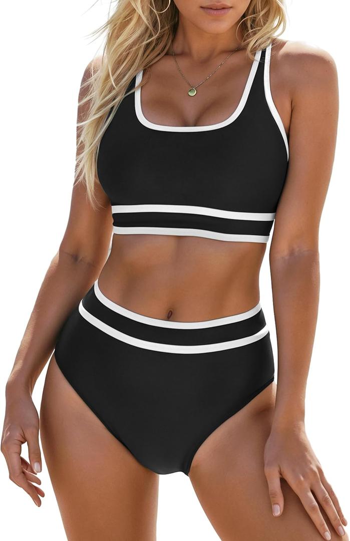 Blooming Jelly Womens High Waist Bikini Sets Sporty Color Block Two Piece Swimsuits Scoop Neck Cheeky Bathing Suits (Medium, Black)