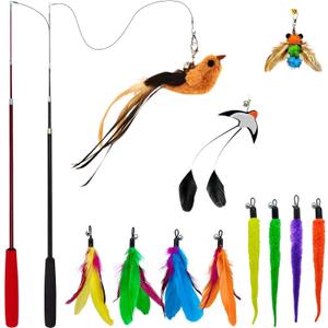 Interactive Cat Wand Toy Set  2 Retractable Wands (38" & 50") with 11 Refills Attachments  Feather Toys, Plush Bird, Worms, Insect & Swallow  Cat Teaser Toys for Indoor Cats & Kittens