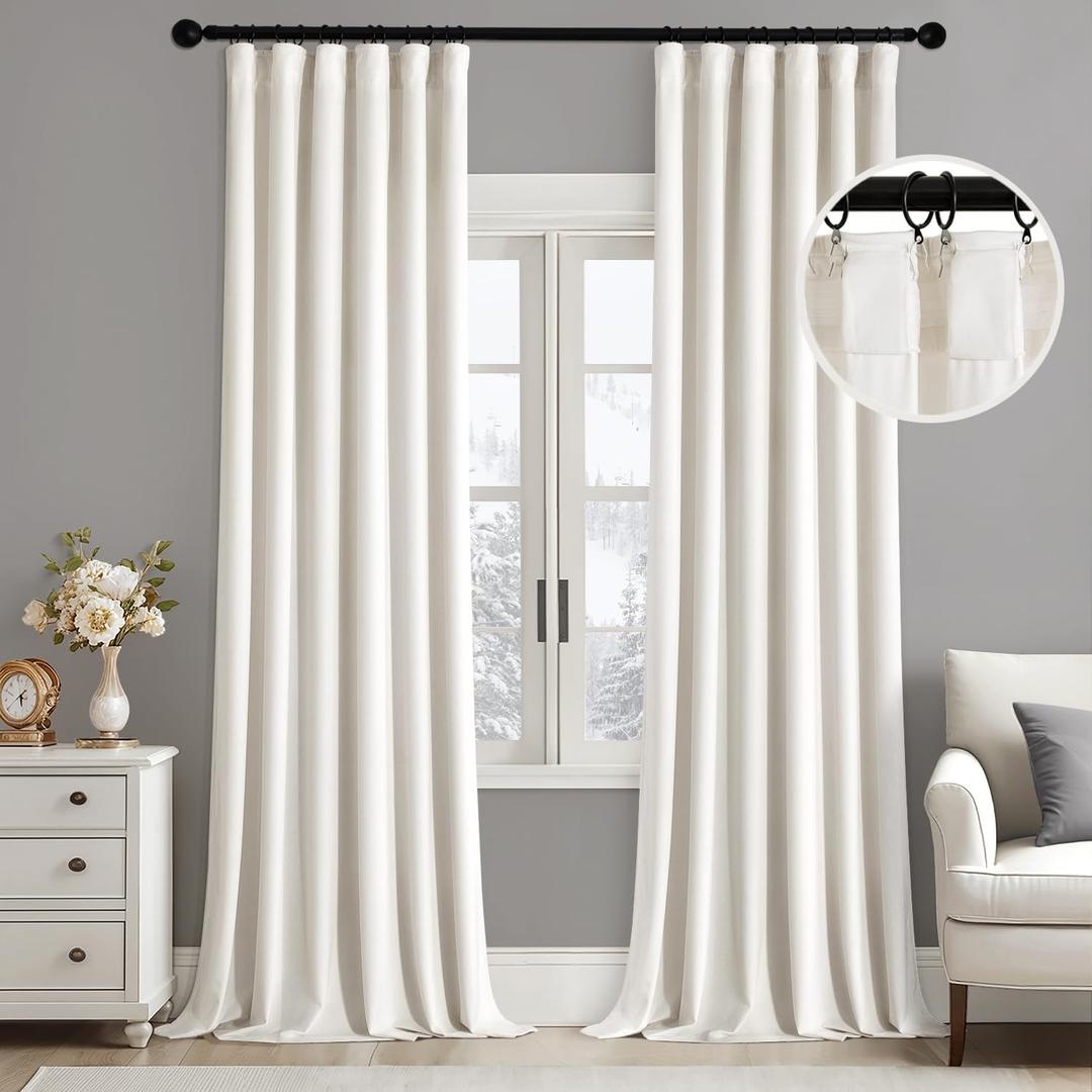 MIULEE Velvet Curtains 90 Inches Long 2 Panels Set for Living Room Bedroom, Cream Pinch Pleat Back Tab Luxury Thermal Insulated Light Blocking Drapes Pleated Blackout Window Curtains with Hooks Ivory