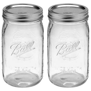 2 x Ball Wide Mouth 32-Ounces Quart Mason Jars with Lids and Bands, (2 Jars)
