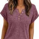 AUTOMET Women Tops Summer Sweaters Short Sleeve V Neck Henley Shirts Dressy Button Blouses (S)