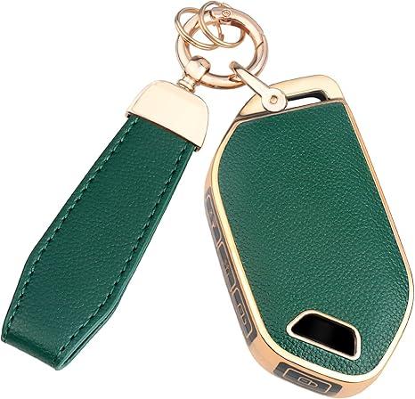 Key Fob Cover for Kia with Key Chain, Upper Leather + Soft TPU Key Cover Case Shell for Kia 2023 2024 2025 Telluride Carnival Sorento K4 K5 GT-Line 5 Buttons (Green)