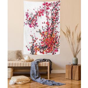 Lunarable Japanese Tapestry, Japanese Cherry Blossoms in Watercolor Brush Style Eastern Vibrant Oriental Art, Fabric Wall Hanging Decor for Bedroom Living Room Dorm, 23" X 28", Orange Red