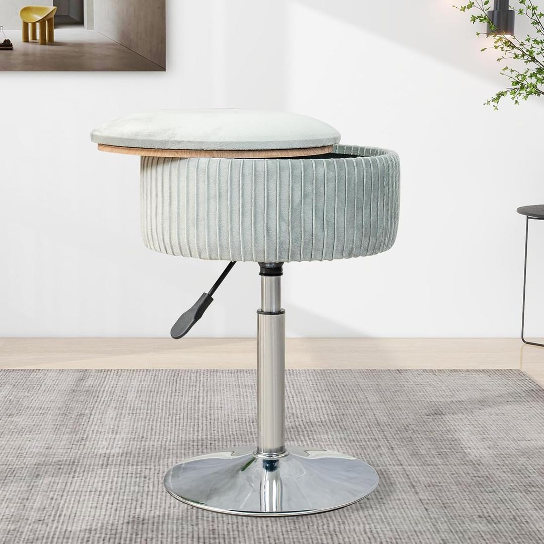 Velvet Vanity Stool for Makeup Room, Round Storage Ottoman Height Adjustable Vanity Chair, 360 Swivel Footrest for Living Room Bedroom, Grey (13 inches, Velvet-grey)