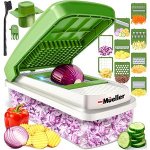 Mueller Vegetable Chopper 9 Blade, Mandoline Slicer, Food Veggie Chopper, Cheese Grater, Onion Vegetable Cutter with Container, Dicer, Kitchen Gadgets & Essentials, White Sand/Green (9 blade, White Sand/Green)