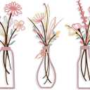 Pigort 3 Pieces Metal Flowers Wall Arts - Rustic Farmhouse Style Décor Metal Wall Art Black Minimalist Flower Natural Themed Wall Decors for Home Bedroom Dining Room Housewarming (Pinkish)