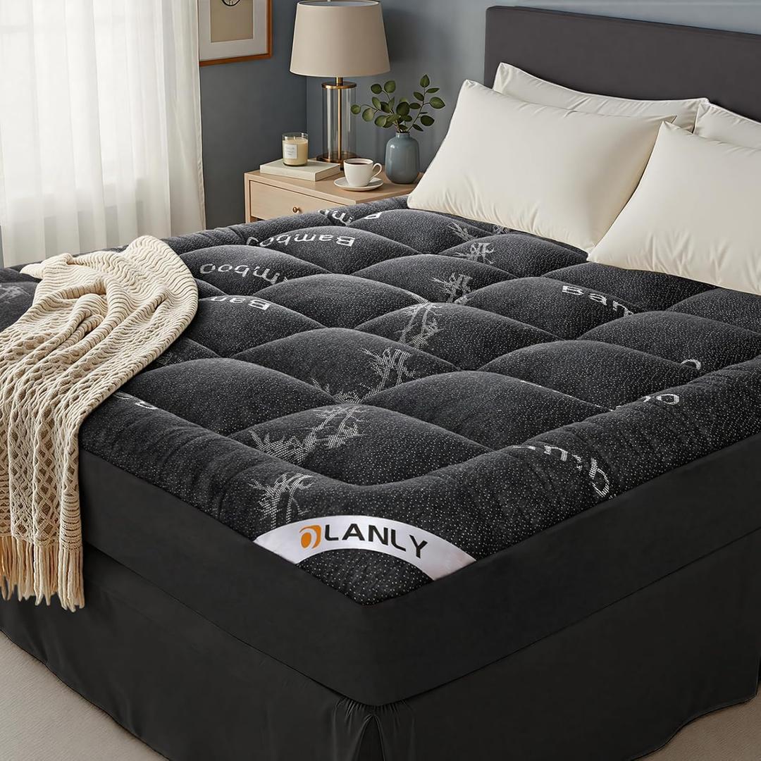 OLANLY Queen Mattress Topper  Viscose Made from Bamboo, Cooling Soft Queen Pillow Top Mattress Pad for Back Pain Relief, Plush Down Alternative Fill Bed Topper with Elastic Deep Pocket, Dark Gray