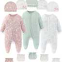 falianni Fashion Baby Boy Girl Clothing Set Cotton Soft 3-Piece Long Sleeve Button Rompers 5-Pack Hats&Gloves Infant Clothes, 6M