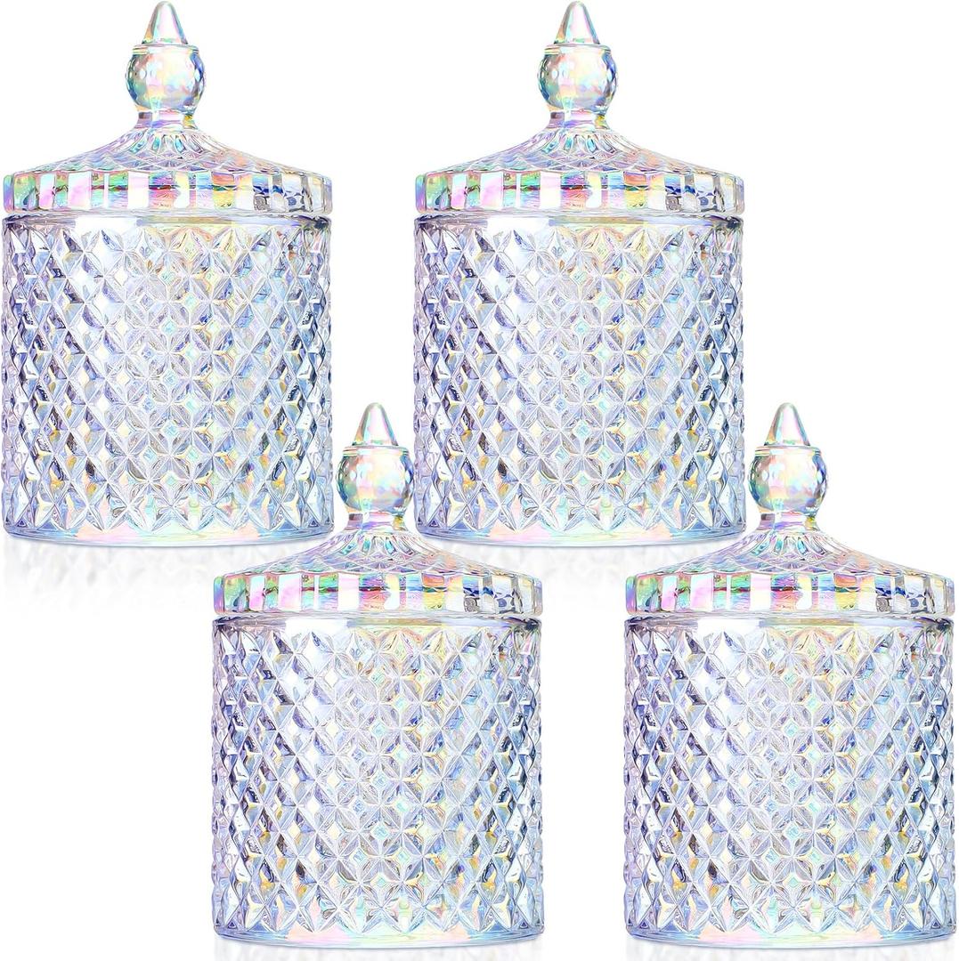 Aoriher 4 Pcs Crystal Glass Candy Jar Set with Lids Home Decorative Storage Jars for Apothecary, Bathroom, Kitchen, and Pantry, Ideal for Cotton Swabs and Jewelry(Medium,Rainbow)