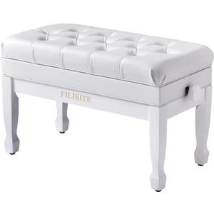 Adjustable Duet Piano Bench with Storage, Heavy Duty Solid Wood Double Piano Stool Keyboard Bench Seat with PU Leather Padded Cushion (White)