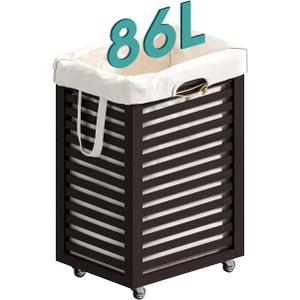 Laundry Hamper with Wheels, 22.7 Gallon (86L) Bamboo Wood Clothes Laundry Basket with Handles, Removable Liner (Brown)