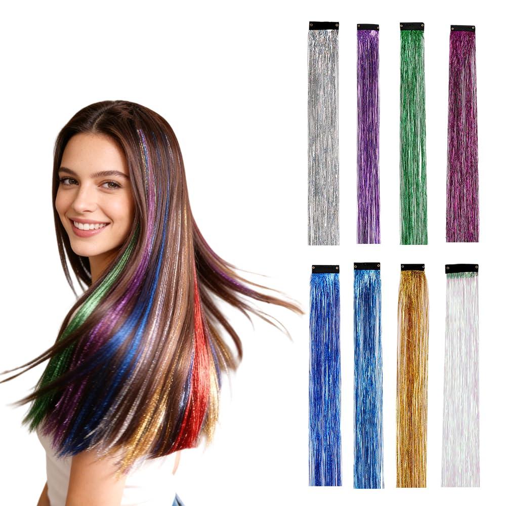 Clip-in Tinsel Hair Extensions, 2026 New 8 Pcs Clip in Hair Tinsel, 20 Inch Glitter Hair Extension Clips, Fairy Hair Accessories for Bridal Party Festival Holiday Christmas New Year (#10)