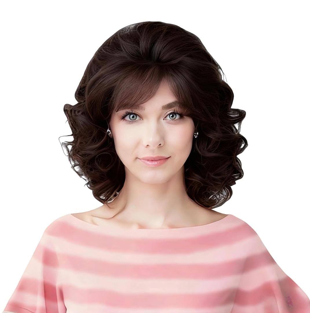 Rugelyss Vintage Short Dark Brown Beehive Wig with Bangs Curly Wavy Heat Resistant Synthetic Hair Wigs for Women fits 70s 80s Costume or Halloween and Party