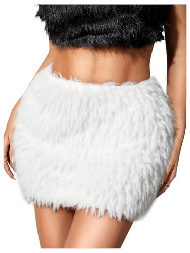MakeMeChic Women's Fur Skirts Brown Fuzzy Micro Mini Pencil Skirt Y2K Summer Going Out Outfits White Medium