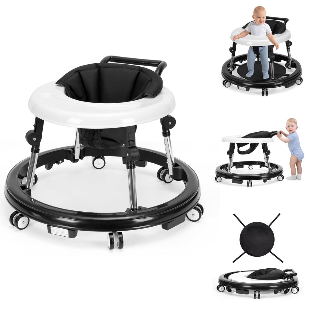 Baby Walker Foldable with 9 Adjustable Heights, Baby Walker with Wheels Portable, Infant Toddler Walker for Baby Boy Girls 6-18 Months (Black)