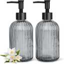2 Pack Glass Soap Dispenser Set, 400ml/13.5oz Refillable Liquid Soap Bottles with Vertical Stripe Design, Lotion Dispenser for Modern Home Decor, Bathroom, Kitchen, Laundry Room, Hotel (Black)