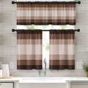 Brown Kitchen Window Curtains Valance and Tier Set 36 Inch, Striped Brown Beige Neutral Minimalist 3 Piece Set Short Curtains, Window Treatment Tiers for Living Room Bedroom