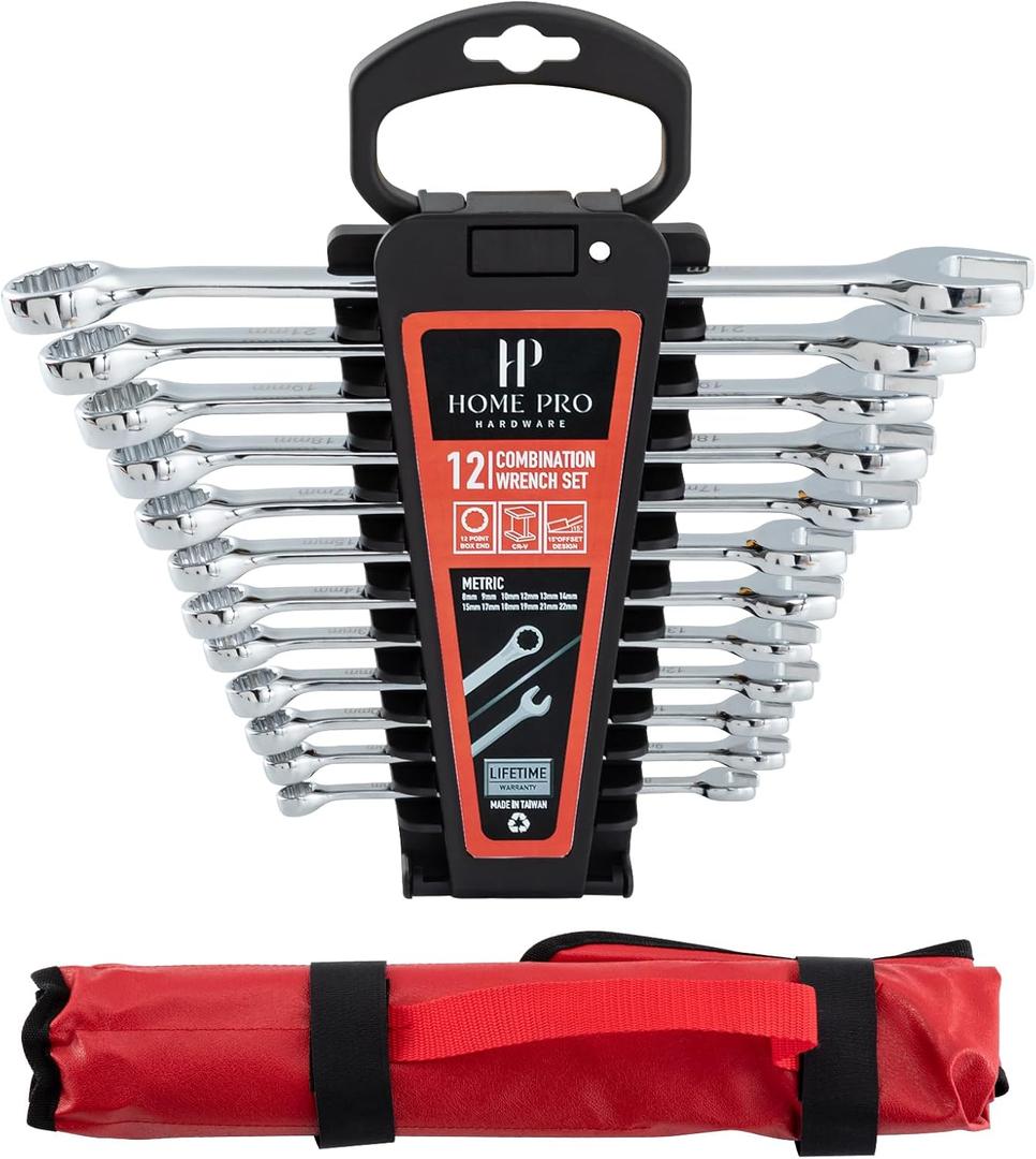 12-Piece Wrench Set, Metric and Standard Combination Wrench Set,Mirror Polished Finish CR-V Professional Spanner,Wrench Tool Set with Organizer Rack and Rolling Pouch