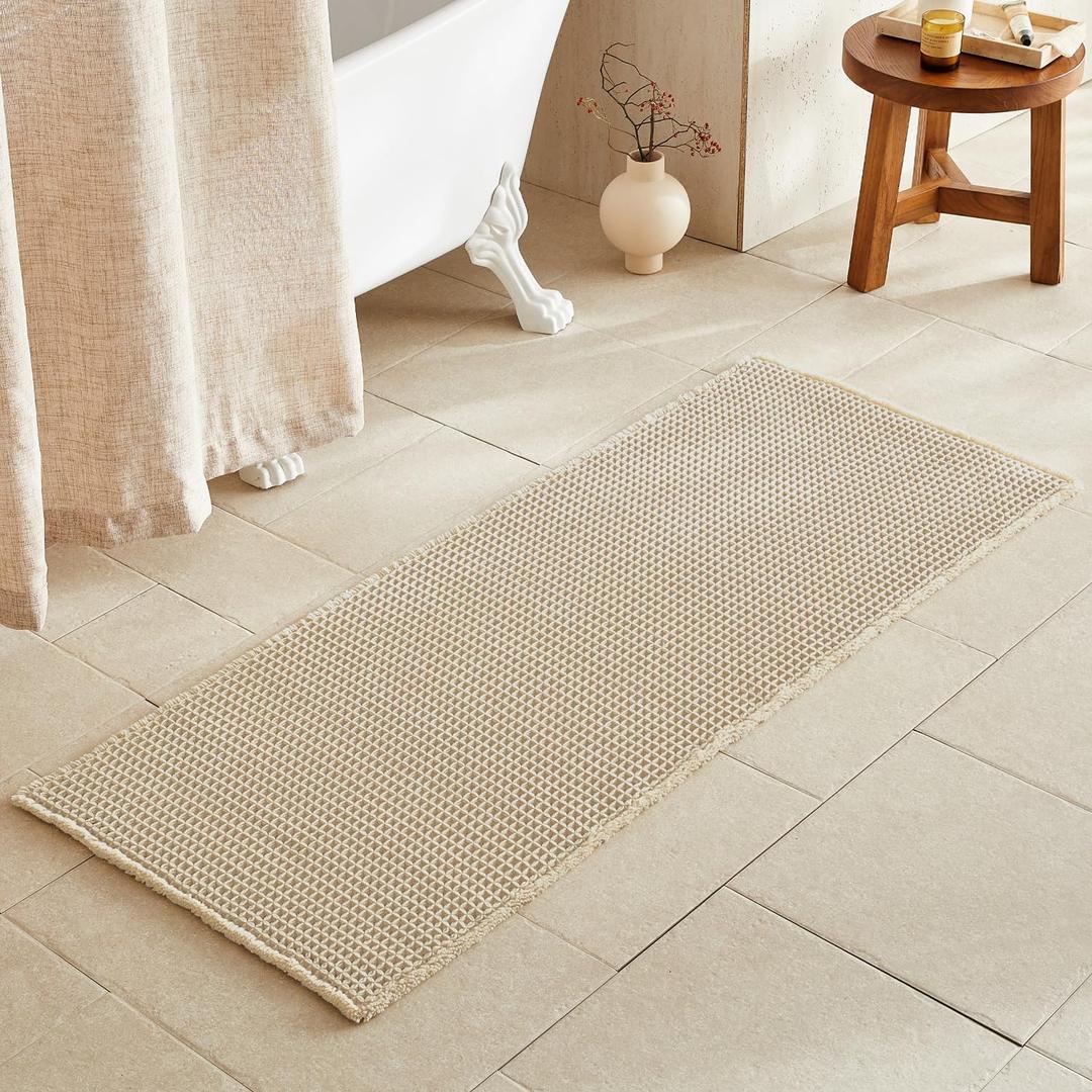 TYUU Pale Beige Long Bathroom Rug, Waffle Runner Rug Bathroom Non Slip Washable Super Absorbent Quick Dry Boho Farmhouse Bath Mat, 60''x24'' Pale Beige