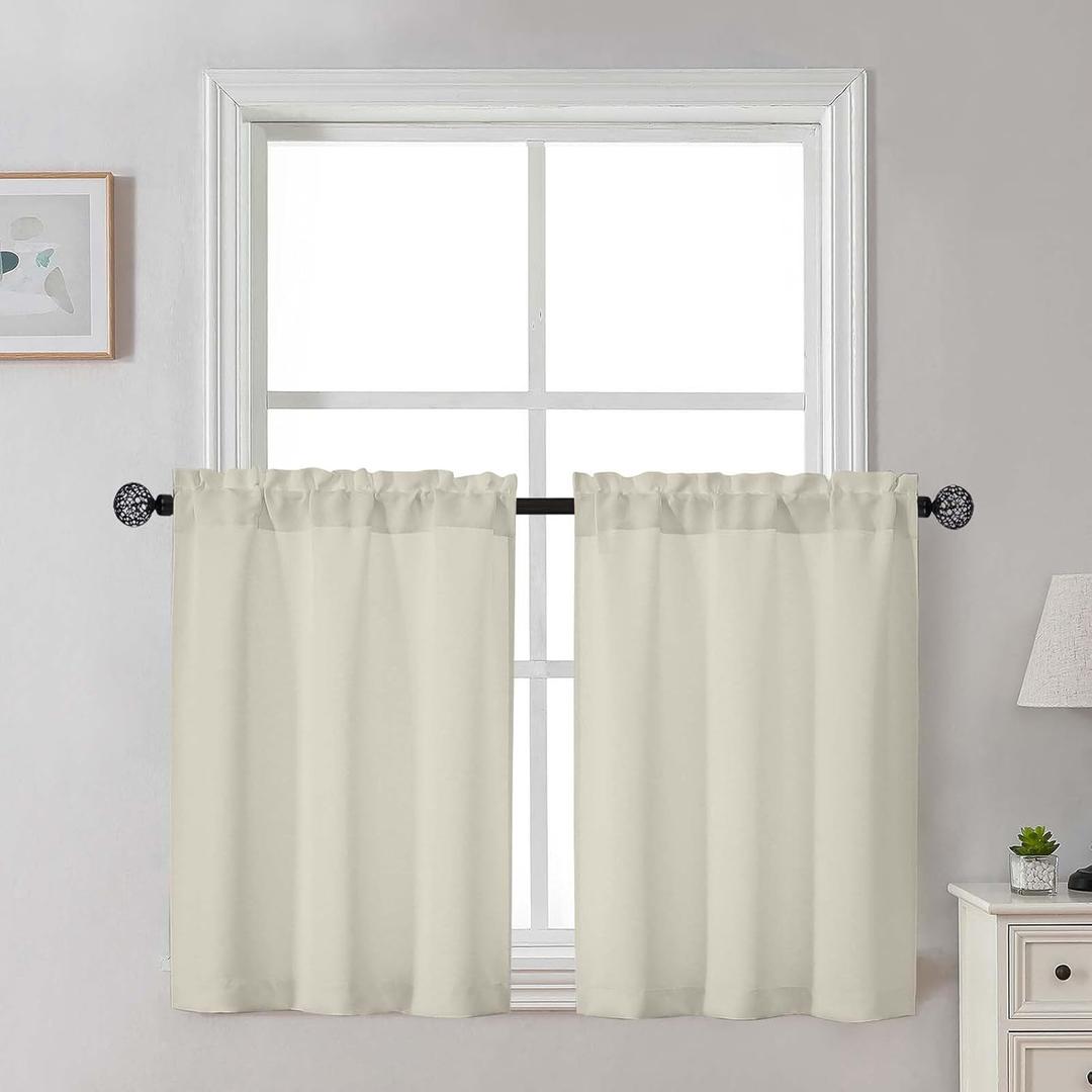 Gwine Short Curtains 30 Inch Length, Light Filtering Small Kitchen Window Curtains Tiers Over Sink, Half Window Treatments for Bathroom Basement Rod Pocket, 2 PCS, Each 30" Wx30 L, Natural