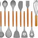 Kitchen Utensils Set - 12 Pcs Silicone Cooking Utensils Set with Wooden Handle - Heat Resistant Non-Stick BPA Free Spatula Set,Turner, Spoon, Brush, Silicone Kitchen Gadgets Utensil Set (Gray)