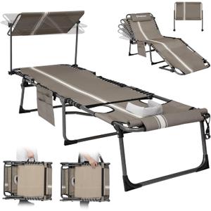 KingCamp Tanning Chair with Face Hole, Lounge Chairs Outdoor Folding Portable Comfy Adjustable 5-Position Foldable Chaise Chaser with Canopy Shade for Outside Beach Patio Sun bathing Pool, Beige/White
