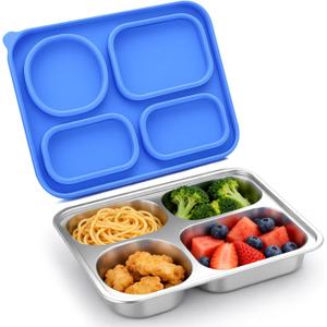 Palksky Stainless Steel Lunch Box for Kids, Metal Bento Box Container Leak-Proof, 4-Compartments To Go Food Containers with Lids(Blue)