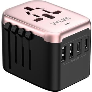Universal International Power Travel Plug Adapter, 5 in 1 European Travel Plug Adapter W/ 3.5A 2xUSB-A and 2xUSB C Wall Charger and Worldwide AC Outlet for Europe USA UK AUS(Rose Gold)