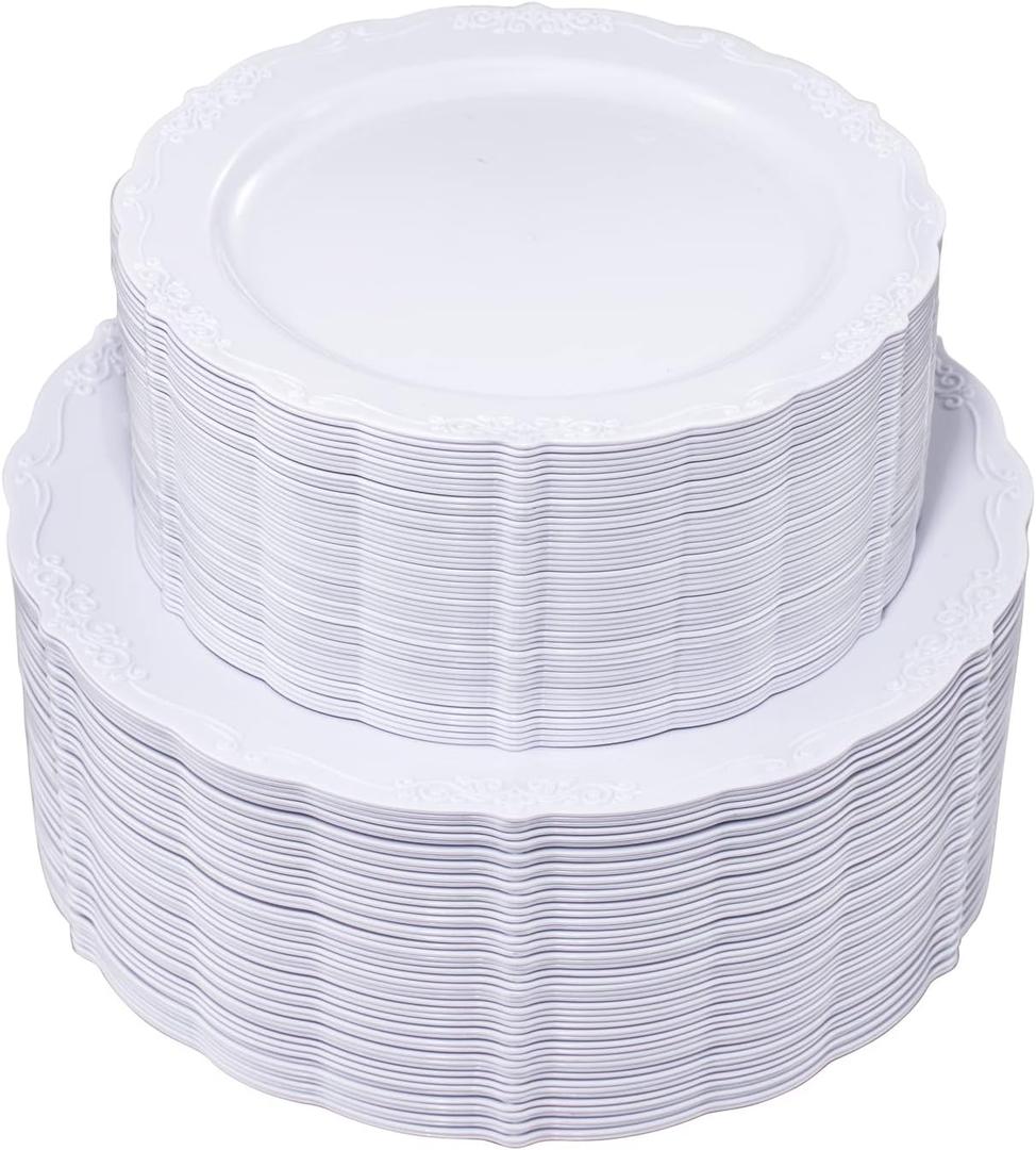 U-QE 100 Pieces White Plastic Plates - White Disposable Plates - Premium Hard Plastic Disposable Plates for Wedding and Party Use Including 50 Dinner Plates 10 '' & 50 Dessert Plates 7.5 ''