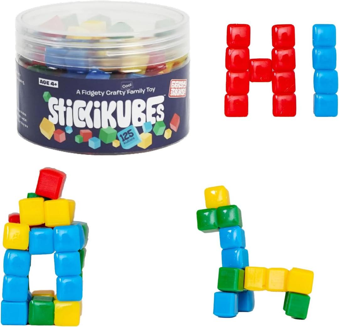 KOMARC GAMES StickiKubes, Mini Stacking Cubes That Stick to Anything, Non Toxic Kid Safe Sticky Blocks, Creative Construction Toy - 125 Cubes, 4 Colors, Tub