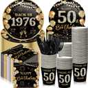 240 Pcs 50th Birthday Decorations 1976 Birthday Party Tableware Include Plates Napkins 9oz Cups Cutlery 50th Anniversary Party Supplies for Men Women Him Her, Serve 30 Guests (Black Gold)