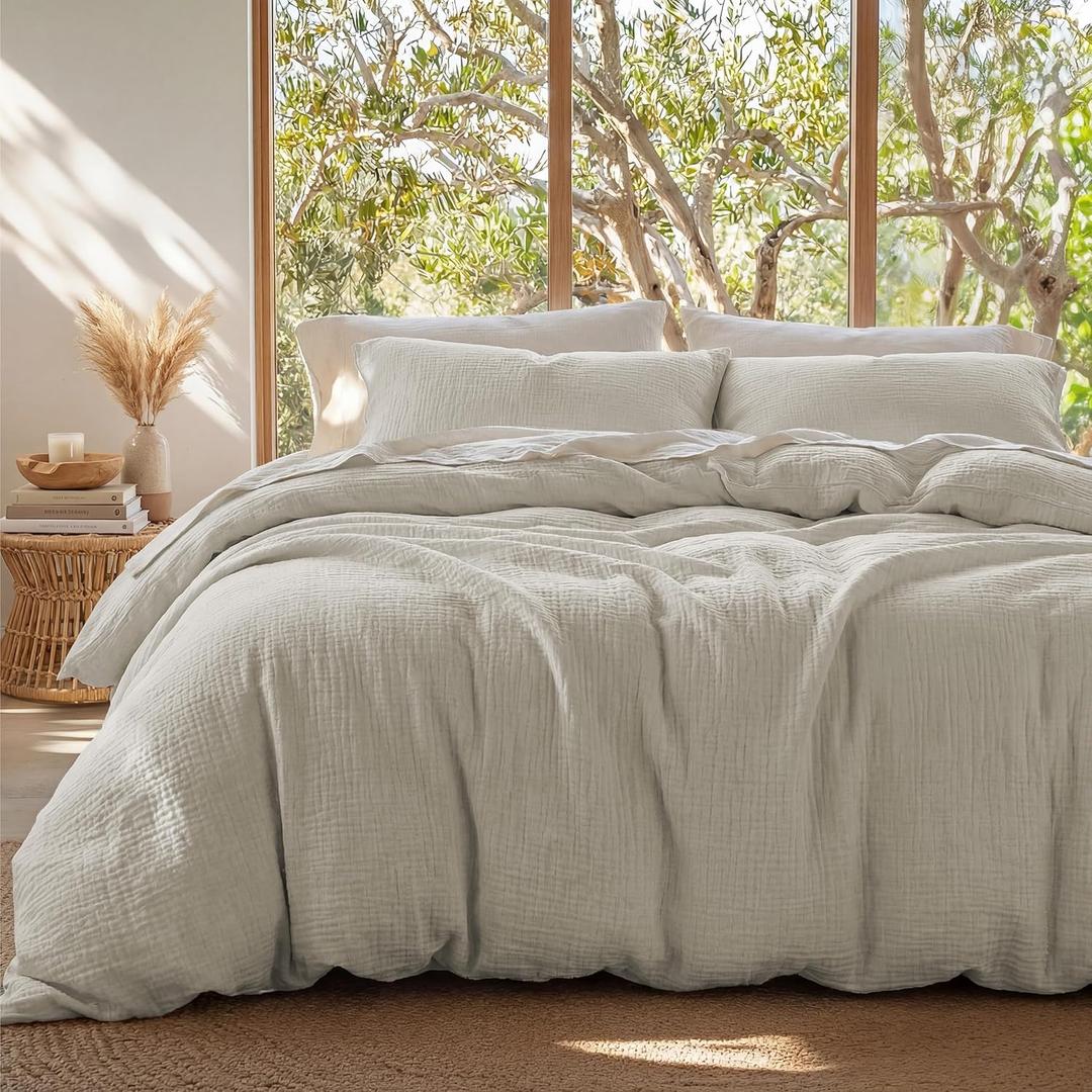 Bedsure 100% Muslin Cotton Duvet Cover King Size - Ultra-Soft Gauze Duvet Cover, PureWoven Breathable & Lightweight Bedding Set with Button Closure and Corner Ties (Linen, King, 104"x90") (01 - Muslin - Linen (No Comforter))