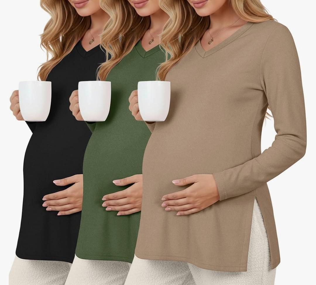 Sweetyweee 3 Pack Women's Maternity Shirts Long Sleeve Split Side Tee Loose Fit V Neck Pregnancy Clothes Fall Oversize Tops(Khaki, Army Green, Black,Large)