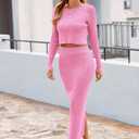PRETTYGARDEN Women's Spring Fall 2 Piece Sweater Set Rib Knit Long Sleeve Crop Top Maxi Bodycon Skirt Casual Winter Outfits (Pink, M)