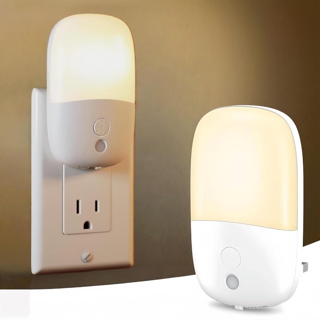 Dimmable Night Light Plug in with On/Off Switch, Auto Dusk to Dawn Sensor LED Nightlights, Adjustable Brightness (Warm White) for Bathroom, Hallway, Kids Room, Stairs (2 Pack)