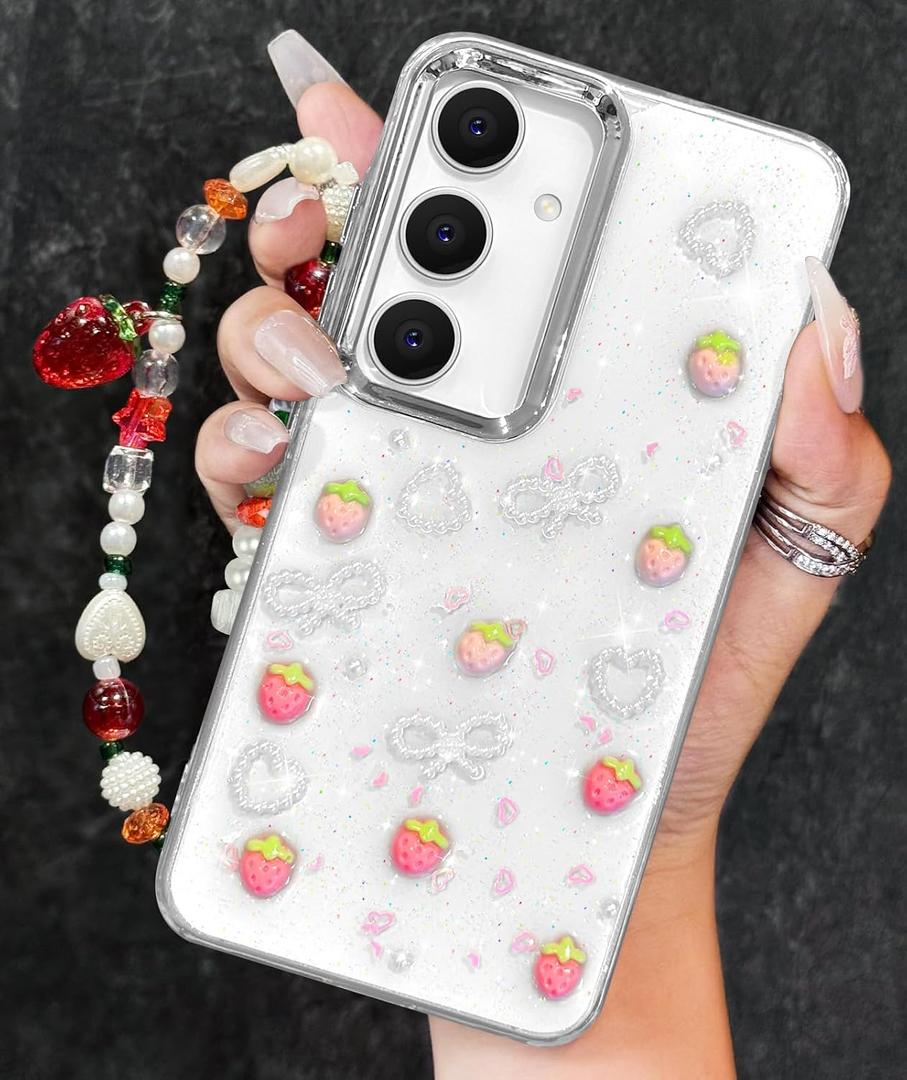 Toycamp for Samsung Galaxy S25 Case, for Samsung Galaxy S24 Cases - for Women Girls Cute Clear Sparkly Girly Kawaii 3D Strawberry Design with Charm Strawberries Wrist Chain Aesthetic Teens Phone Cover