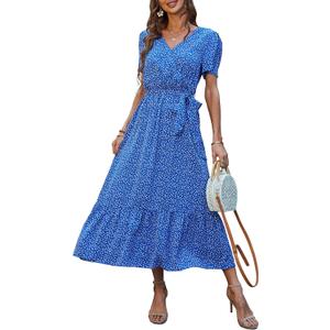 PRETTYGARDEN Women's Summer Floral Boho Maxi Dress Wrap Short Sleeve V Neck Ruffle A-Line Flowy Wedding Guest Long Dresses (Medium)