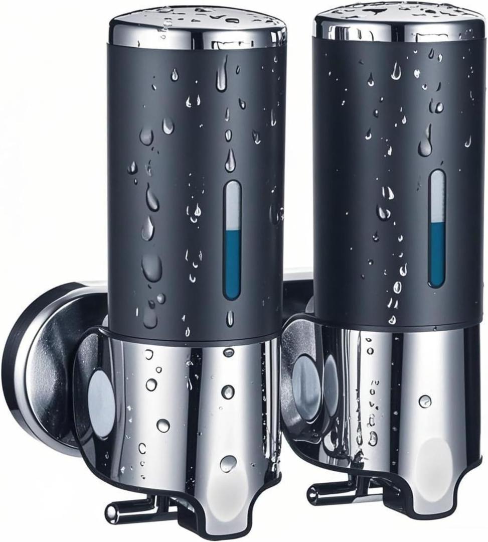 Black Wall Mounted Soap Dispenser for Shower, No Drilled WELLUP Shampoo Dispensers, 2-in-1 Chamber Bathroom Shower Soap Dispenser for Kitchen Bathroom, Matte Black