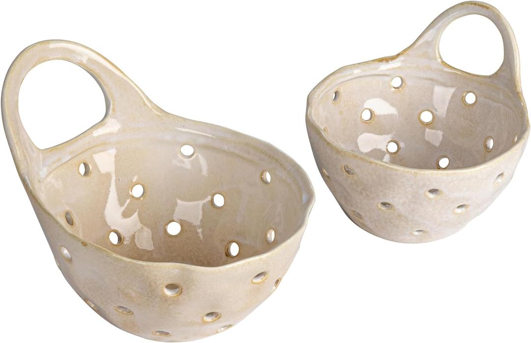 Creative Co-Op Set of 2 Cream Stoneware Colanders (6.5"W)