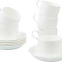 Fine Bone China Stackable Cup and Saucer Set of 6, Pure White Color Glaze Easy to Clean, 6 oz Capacity for Espresso & Cappuccino, Thin and Lightweight Comfortable to Hold, Microwave & Dishwasher safe