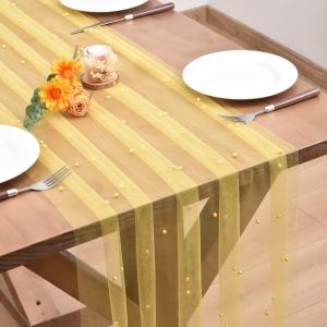 Yellow Pearl Table Runner Boho Rustic Tulle Lace Spring Easter Table Runner for Baby Shower Wedding Arch Decor Veil Dessert Table Decor 3pcs (10ft x 3pcs)