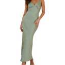 Phicia Summer Satin Spaghetti Strap V Neck Midi Dresses for Women Wedding Guest Elegant Flower Backless Cocktail Formal Dress (Sage, Medium)