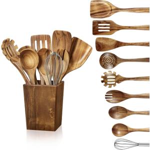 Wooden Spoons for Cooking - 11 Piece Natural Teak Wood Kitchen Utensil Set, Wooden Spoons Set with Holder, Spoon Rest & Hooks, Wooden Spatula Set with 7 metal hooks (10pcs-Square)