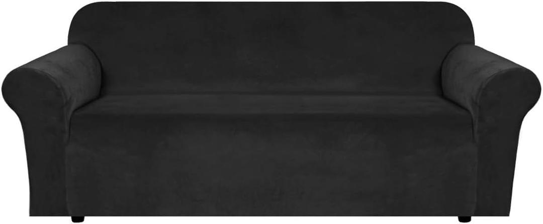 H.VERSAILTEX Stretch Velvet Sofa Covers for 3 Cushion Couch Covers Furniture Protector Soft with Non Slip Elastic Bottom, Crafted from Thick Comfy Rich Velour (Large Sofa 90"-97", Black)