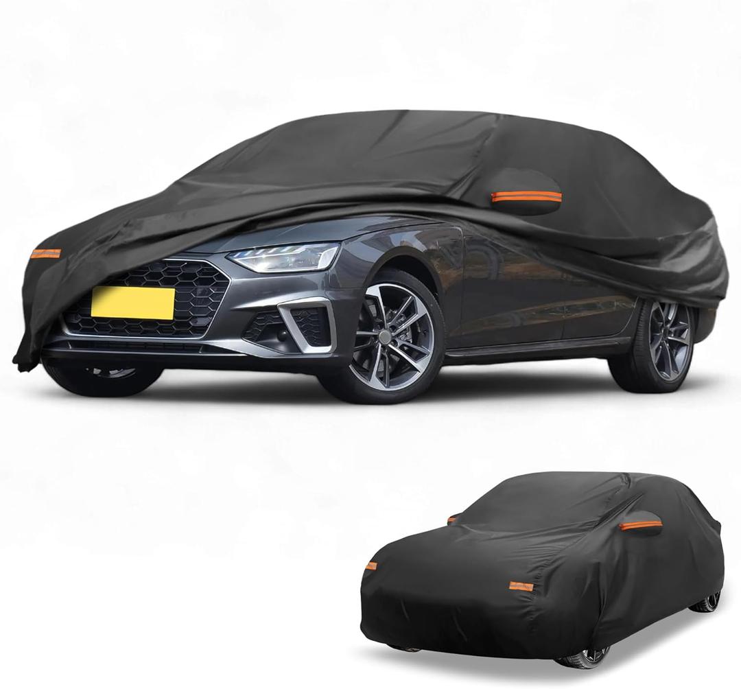 Waterproof All-Weather Universal Car Cover with Right Side Zipper, 190T-PU Black Fits for Sedan 177" - 188" Length